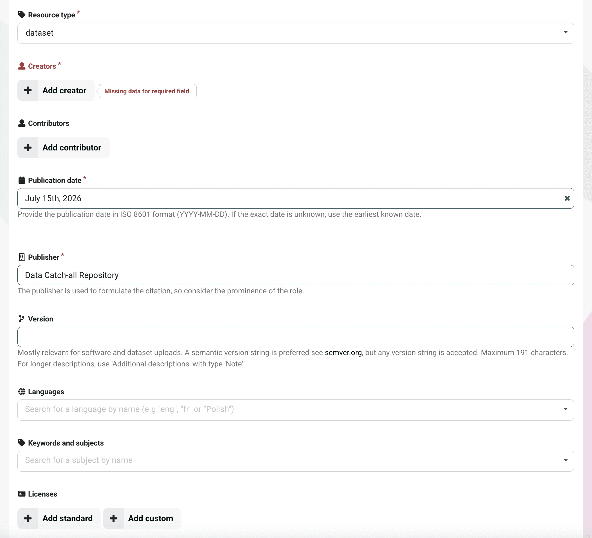 Required and optional record metadata